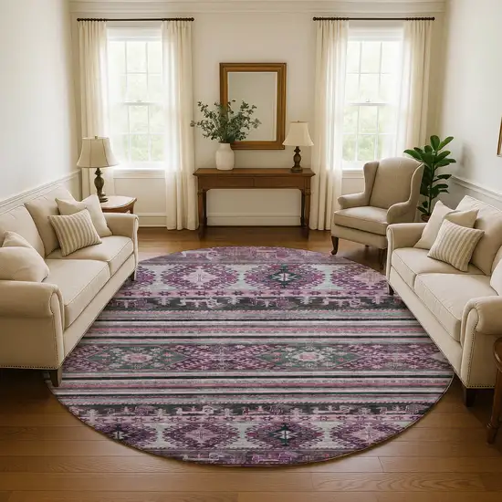 8' Purple Gray And Ivory Medallion Washable Round Rug With UV Protection Photo 4