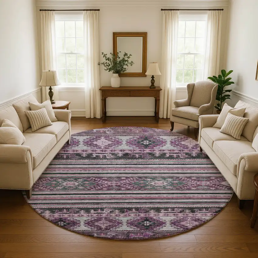 8' Purple Gray And Ivory Medallion Washable Round Rug With UV Protection Photo 4