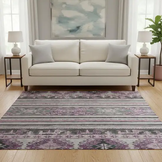 8' Purple Gray And Ivory Medallion Washable Round Rug With UV Protection Photo 2