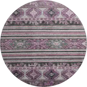 Photo of 8' Purple Gray And Ivory Medallion Washable Round Rug With UV Protection