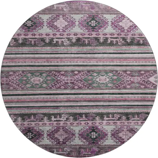 8' Purple Gray And Ivory Medallion Washable Round Rug With UV Protection Photo 1