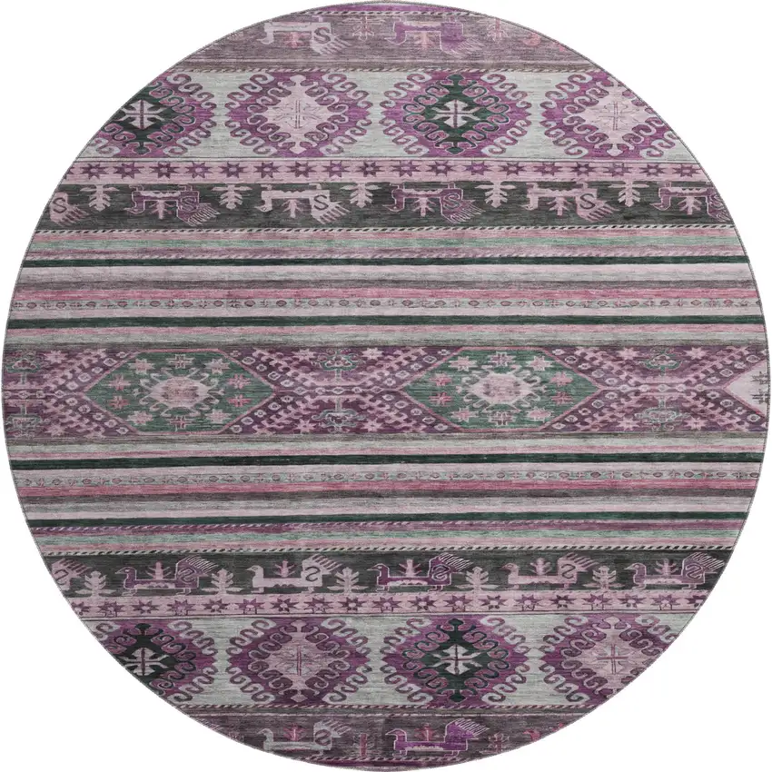 8' Purple Gray And Ivory Medallion Washable Round Rug With UV Protection Photo 1