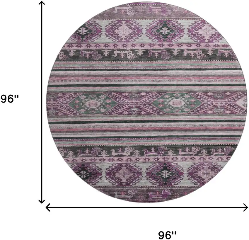 8' Purple Gray And Ivory Medallion Washable Round Rug With UV Protection Photo 9