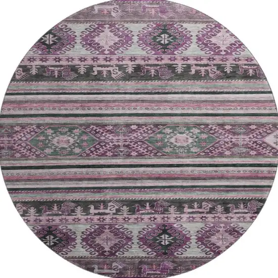 8' Purple Gray And Ivory Medallion Washable Round Rug With UV Protection Photo 3