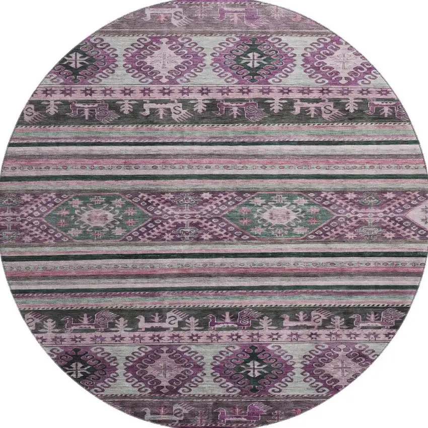 8' Purple Gray And Ivory Medallion Washable Round Rug With UV Protection Photo 3