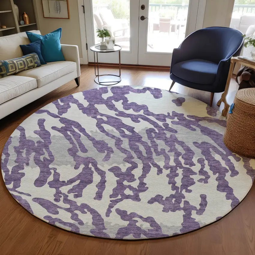 8' Purple Gray And Ivory Round Animal Print Washable Indoor Outdoor Area Rug Photo 7