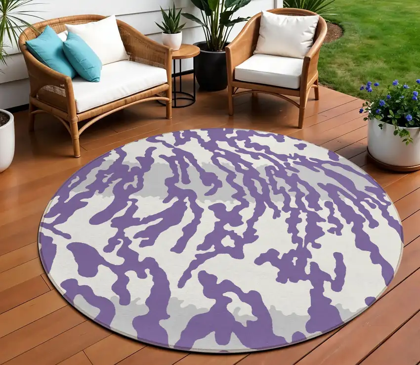 8' Purple Gray And Ivory Round Animal Print Washable Indoor Outdoor Area Rug Photo 1