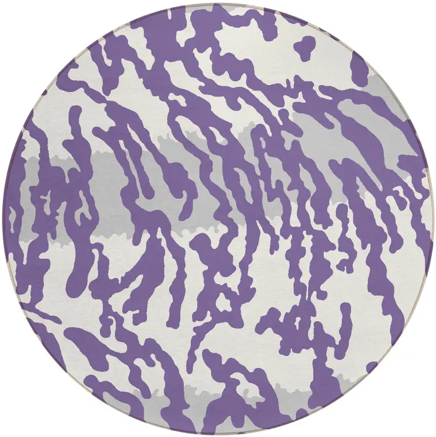 8' Purple Gray And Ivory Round Animal Print Washable Indoor Outdoor Area Rug Photo 2