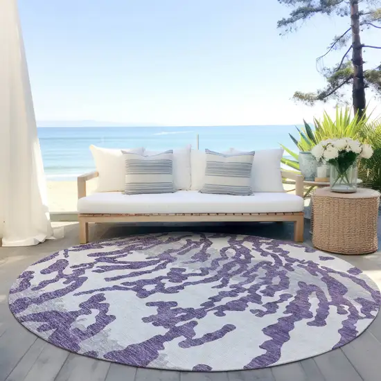 8' Purple Gray And Ivory Round Animal Print Washable Indoor Outdoor Area Rug Photo 6