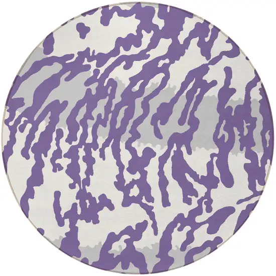 8' Purple Gray And Ivory Round Animal Print Washable Indoor Outdoor Area Rug Photo 5
