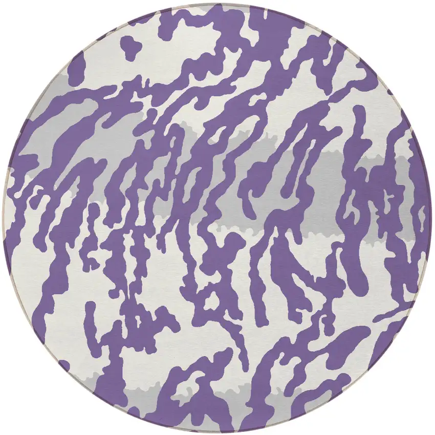8' Purple Gray And Ivory Round Animal Print Washable Indoor Outdoor Area Rug Photo 5