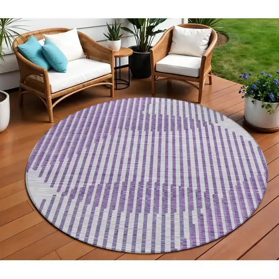 8' Purple Gray And Ivory Round Geometric Washable Indoor Outdoor Area Rug Photo 1