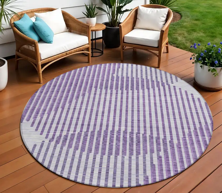 8' Purple Gray And Ivory Round Geometric Washable Indoor Outdoor Area Rug Photo 1