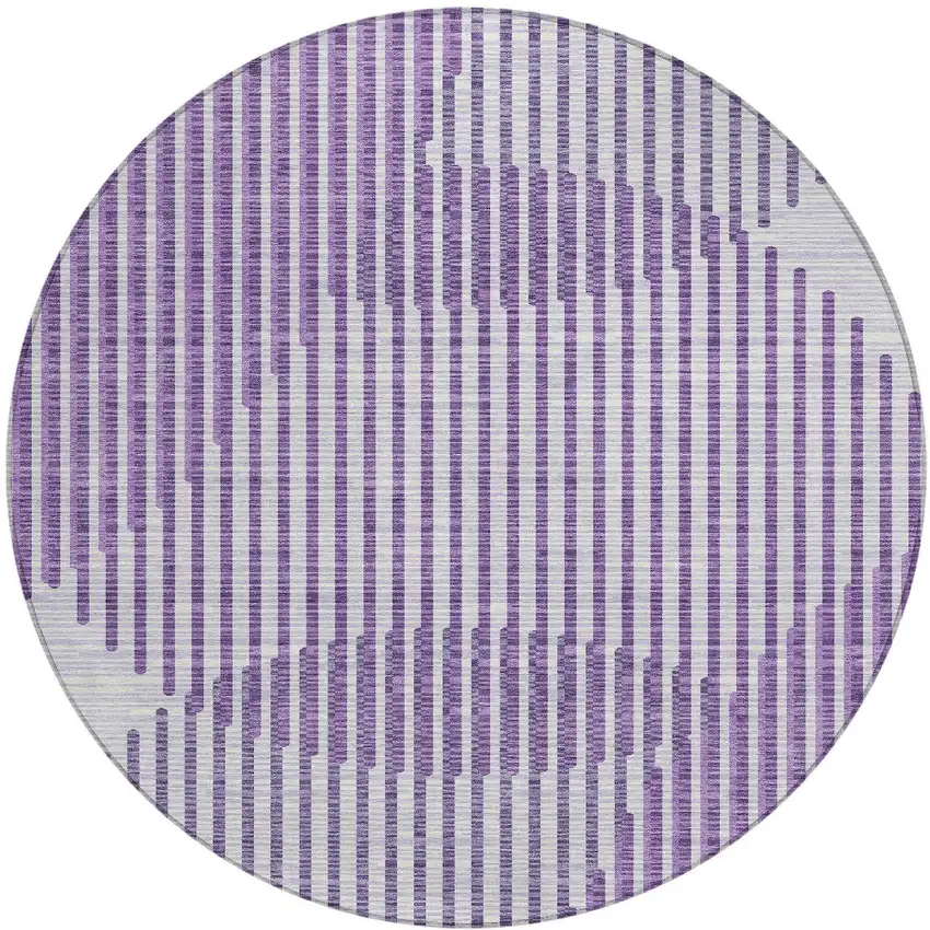 8' Purple Gray And Ivory Round Geometric Washable Indoor Outdoor Area Rug Photo 6