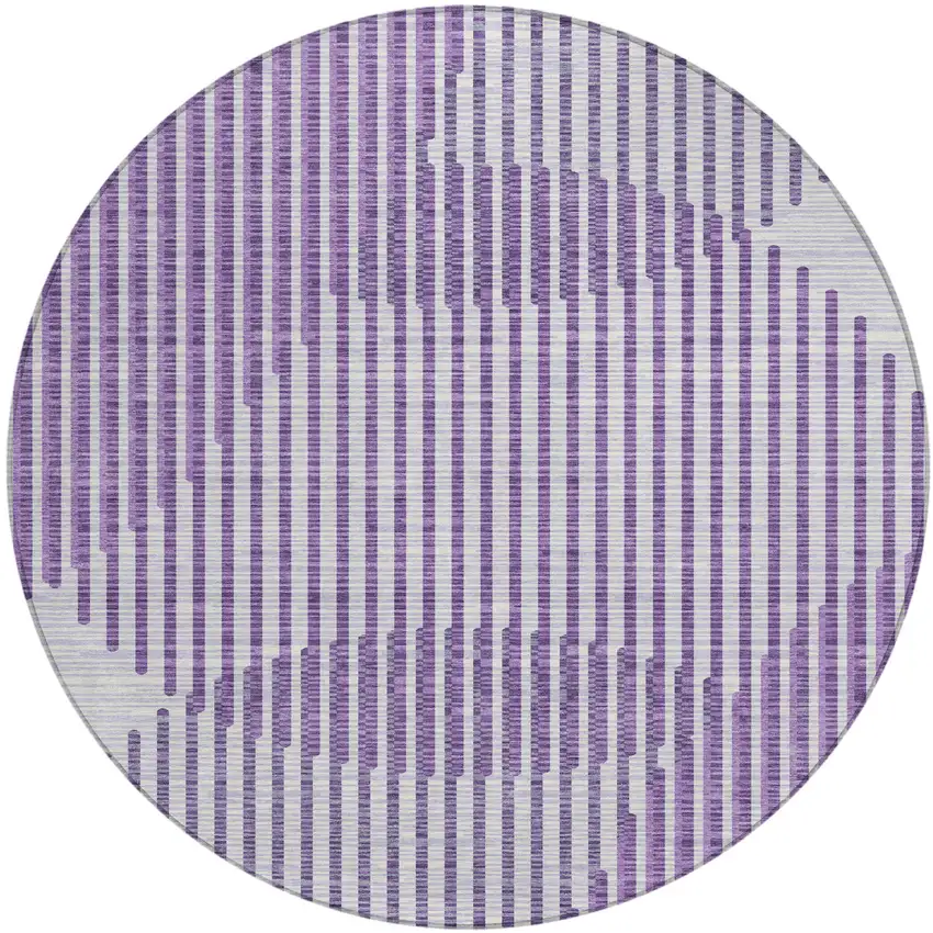 8' Purple Gray And Ivory Round Geometric Washable Indoor Outdoor Area Rug Photo 2