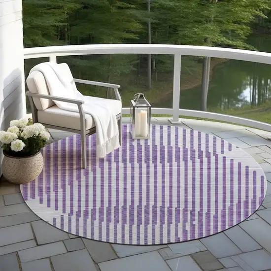 8' Purple Gray And Ivory Round Geometric Washable Indoor Outdoor Area Rug Photo 7