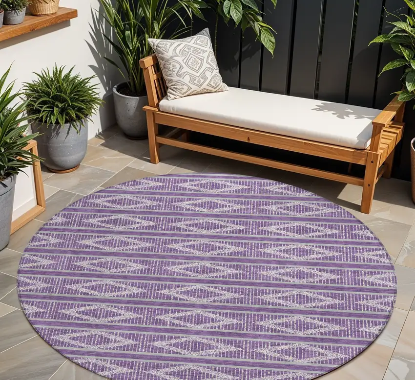8' Purple Gray And Ivory Round Geometric Washable Indoor Outdoor Area Rug Photo 1