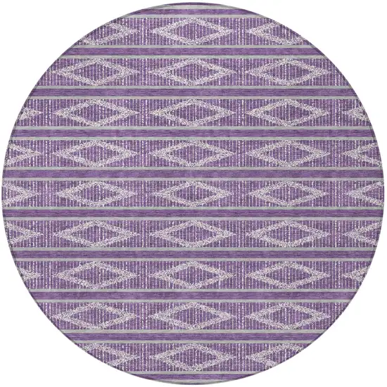 8' Purple Gray And Ivory Round Geometric Washable Indoor Outdoor Area Rug Photo 5