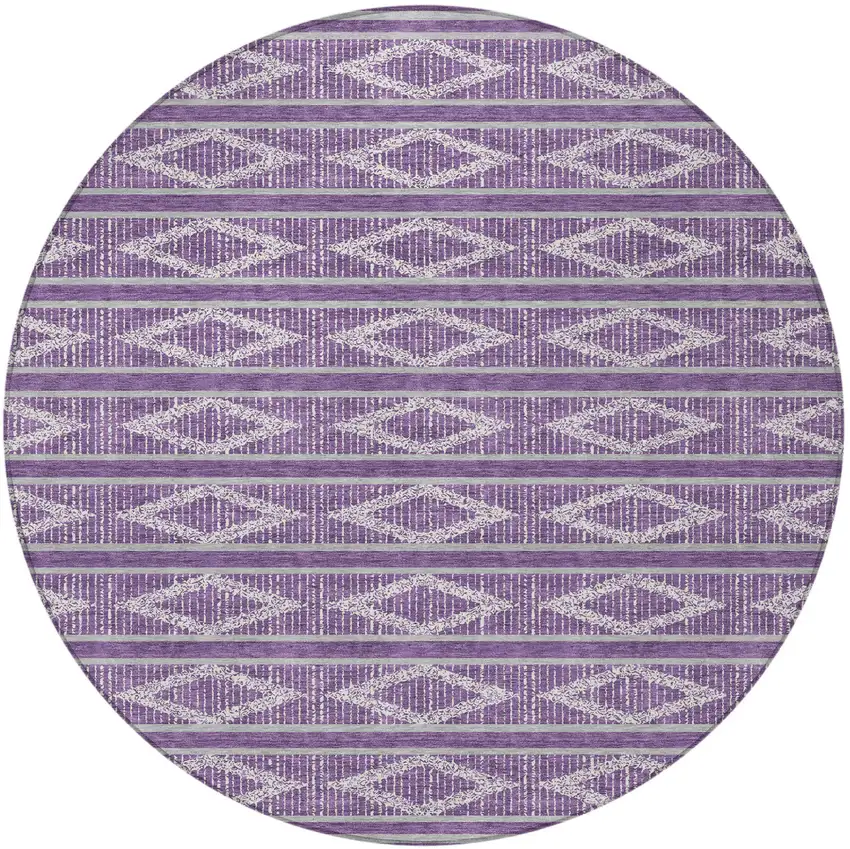 8' Purple Gray And Ivory Round Geometric Washable Indoor Outdoor Area Rug Photo 5