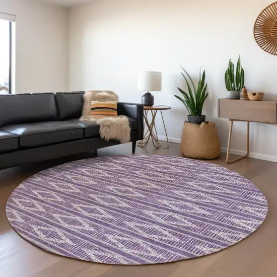 8' Purple Gray And Ivory Round Geometric Washable Indoor Outdoor Area Rug Photo 7