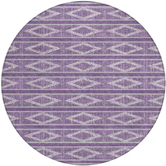8' Purple Gray And Ivory Round Geometric Washable Indoor Outdoor Area Rug Photo 2