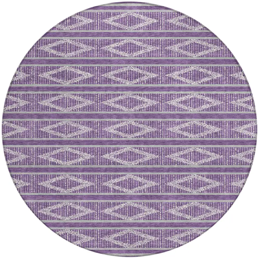 8' Purple Gray And Ivory Round Geometric Washable Indoor Outdoor Area Rug Photo 2