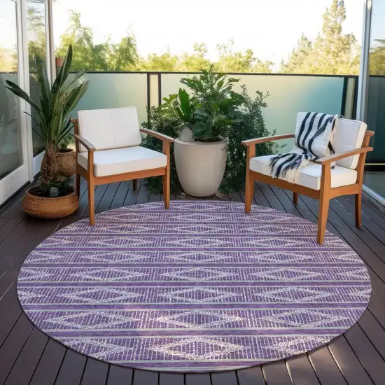 8' Purple Gray And Ivory Round Geometric Washable Indoor Outdoor Area Rug Photo 6