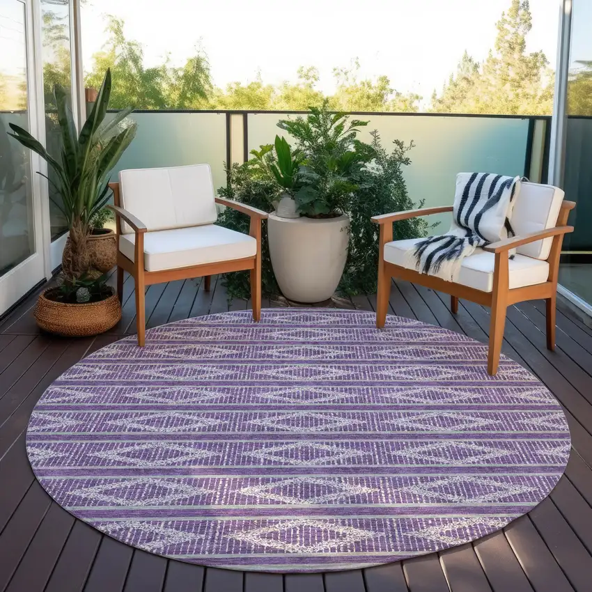 8' Purple Gray And Ivory Round Geometric Washable Indoor Outdoor Area Rug Photo 6