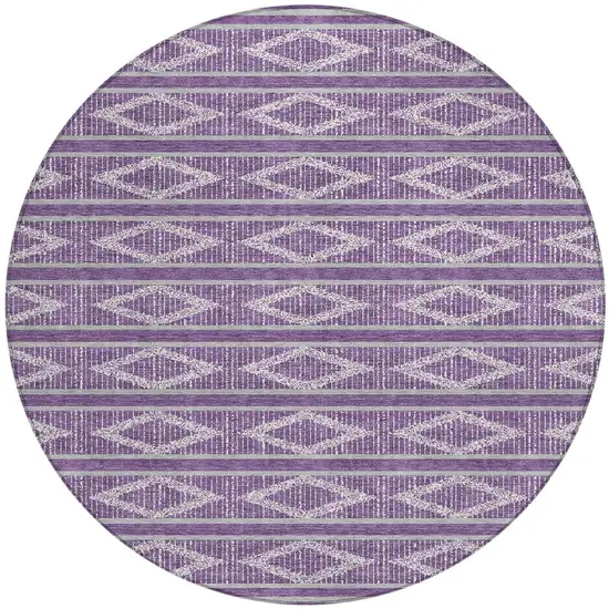 8' Purple Gray And Ivory Round Geometric Washable Indoor Outdoor Area Rug Photo 4