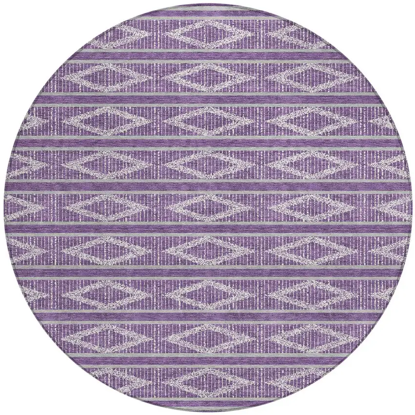 8' Purple Gray And Ivory Round Geometric Washable Indoor Outdoor Area Rug Photo 4