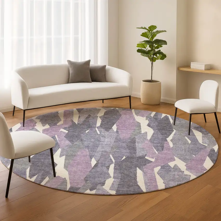 8' Purple Gray And Ivory Round Striped Washable Indoor Outdoor Area Rug Photo 9