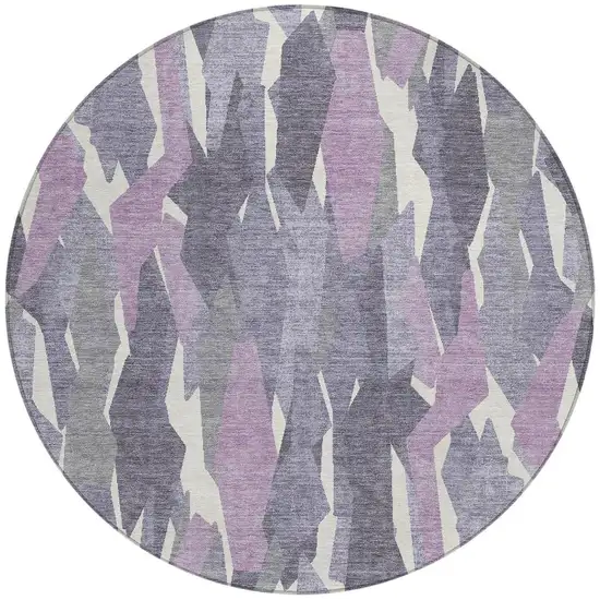 8' Purple Gray And Ivory Round Striped Washable Indoor Outdoor Area Rug Photo 4