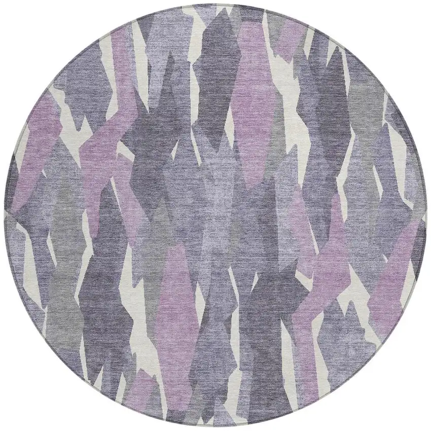 8' Purple Gray And Ivory Round Striped Washable Indoor Outdoor Area Rug Photo 4