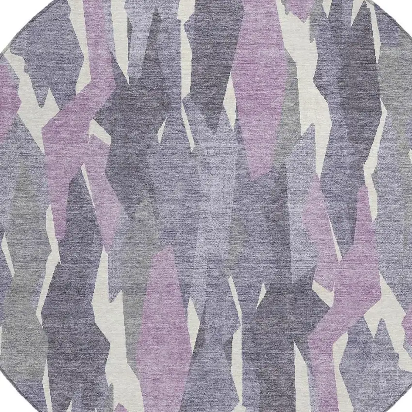 8' Purple Gray And Ivory Round Striped Washable Indoor Outdoor Area Rug Photo 7