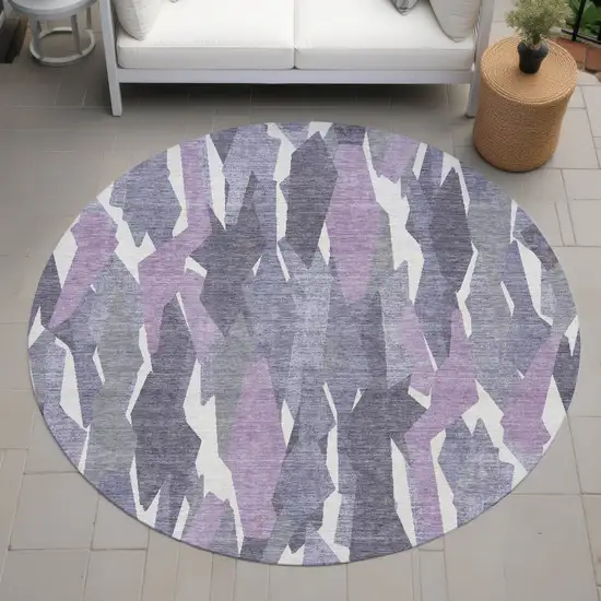 8' Purple Gray And Ivory Round Striped Washable Indoor Outdoor Area Rug Photo 8