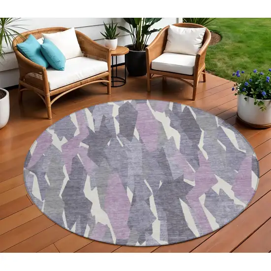 8' Purple Gray And Ivory Round Striped Washable Indoor Outdoor Area Rug Photo 1