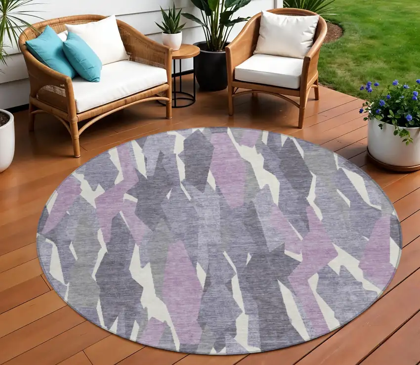 8' Purple Gray And Ivory Round Striped Washable Indoor Outdoor Area Rug Photo 1