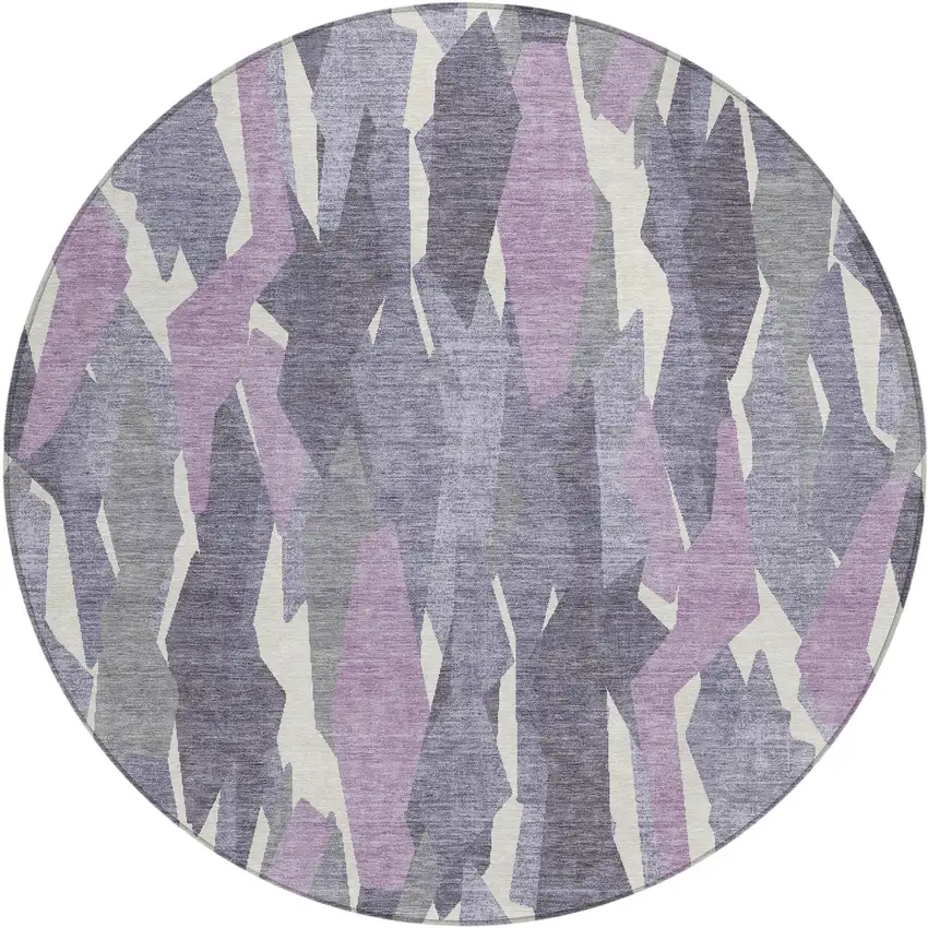 8' Purple Gray And Ivory Round Striped Washable Indoor Outdoor Area Rug Photo 2