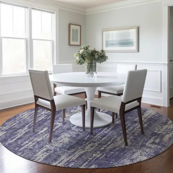 8' Purple Gray And Ivory Round Striped Washable Indoor Outdoor Area Rug Photo 7