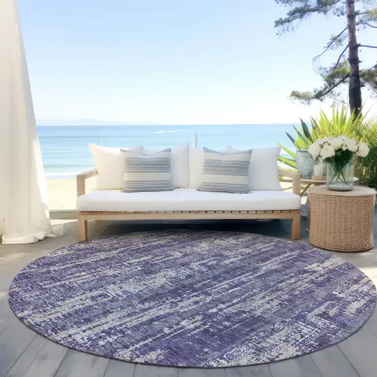 8' Purple Gray And Ivory Round Striped Washable Indoor Outdoor Area Rug Photo 6