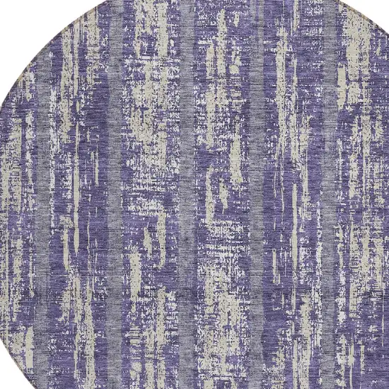 8' Purple Gray And Ivory Round Striped Washable Indoor Outdoor Area Rug Photo 4