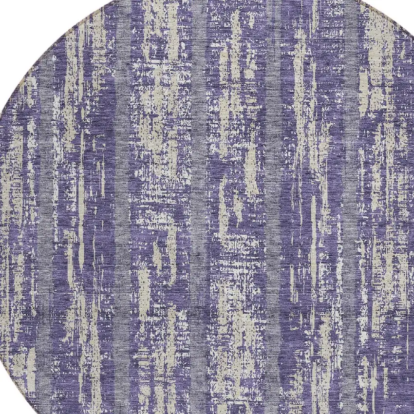 8' Purple Gray And Ivory Round Striped Washable Indoor Outdoor Area Rug Photo 4