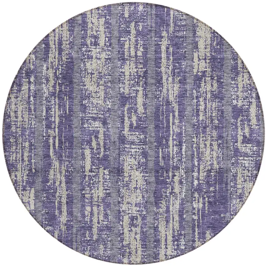 8' Purple Gray And Ivory Round Striped Washable Indoor Outdoor Area Rug Photo 5