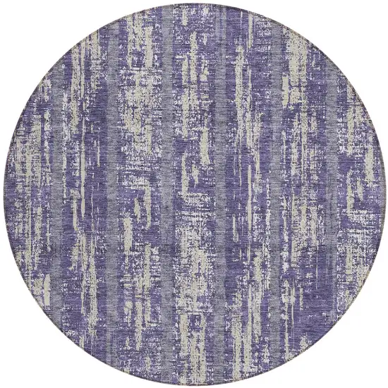 8' Purple Gray And Ivory Round Striped Washable Indoor Outdoor Area Rug Photo 5