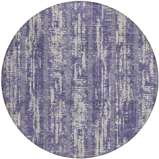8' Purple Gray And Ivory Round Striped Washable Indoor Outdoor Area Rug Photo 2