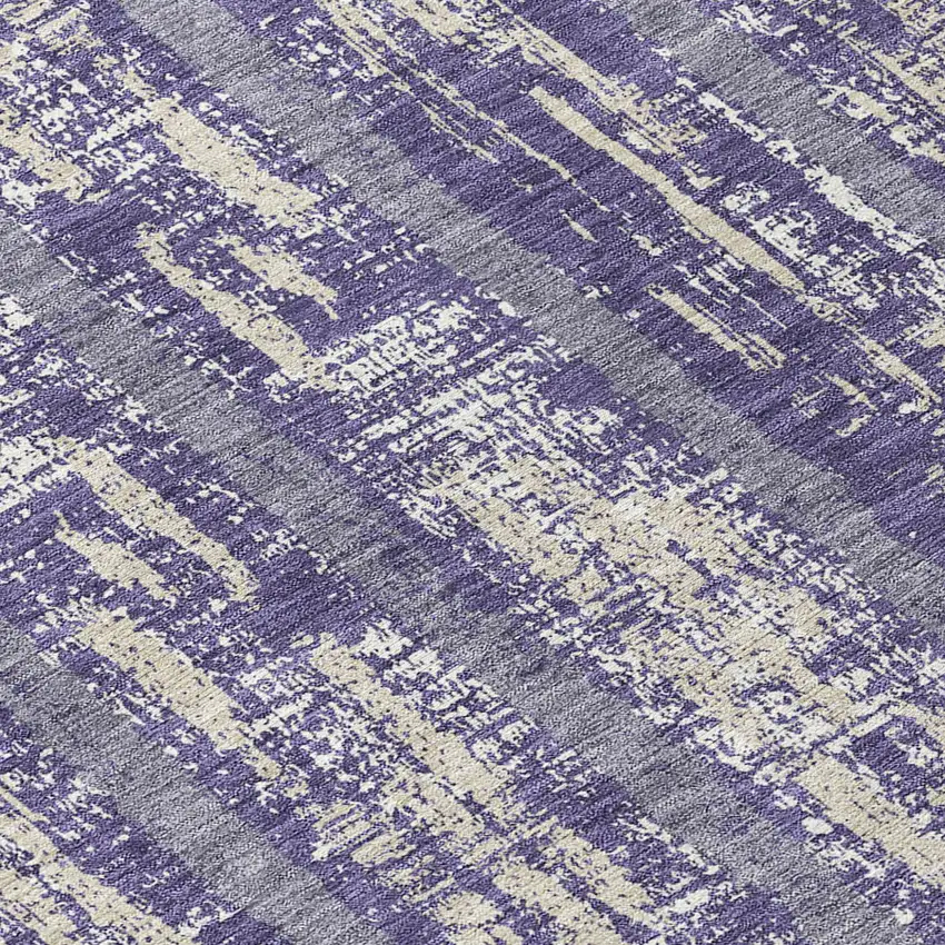 8' Purple Gray And Ivory Round Striped Washable Indoor Outdoor Area Rug Photo 8