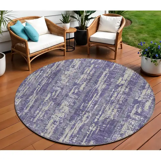 8' Purple Gray And Ivory Round Striped Washable Indoor Outdoor Area Rug Photo 1