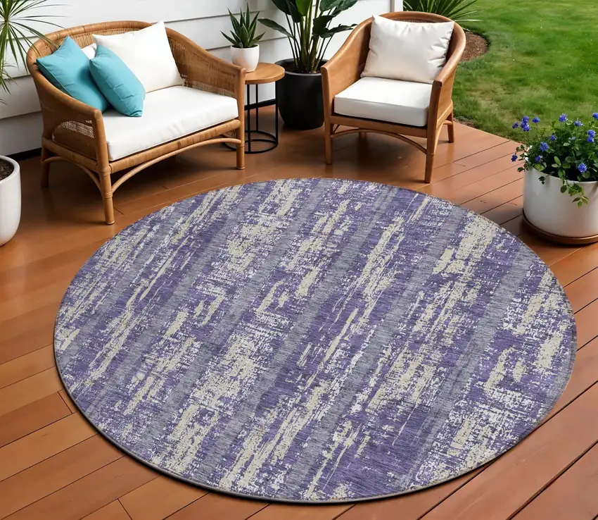 8' Purple Gray And Ivory Round Striped Washable Indoor Outdoor Area Rug Photo 1