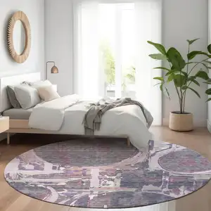 Photo of 8' Purple Gray And Lavender Geometric Washable Round Rug With UV Protection