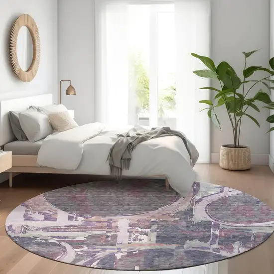 8' Purple Gray And Lavender Geometric Washable Round Rug With UV Protection Photo 5